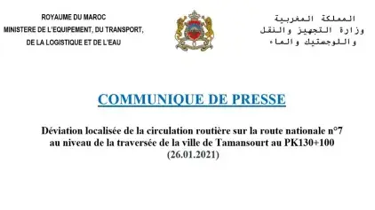 Déviation localisée de la circulation routière sur la route nationale n°7 au niveau de la traversée de la ville de Tamansourt au PK130+100