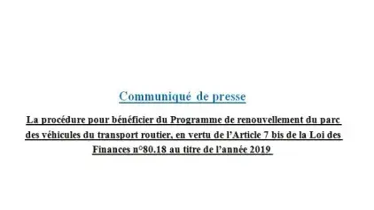 Communiqué sur La procédure pour bénéficier du Programme de renouvellement du parc des véhicules du transport routier