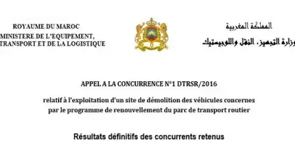 Résultats définitif de l'appel à la concurrence n°1 DTRSR/2016 relatif à l’exploitation d’un site de démolition des véhicules