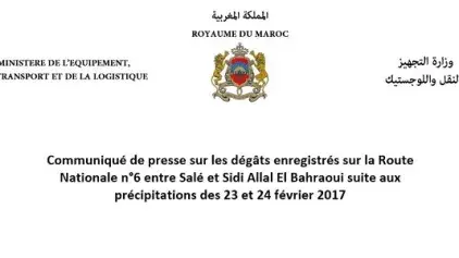 Communiqué sur les dégâts enregistrés sur la Route Nationale n6 entre Salé et Sidi Allal El Bahraoui suite aux précipitations du 23 et 24 février 2017